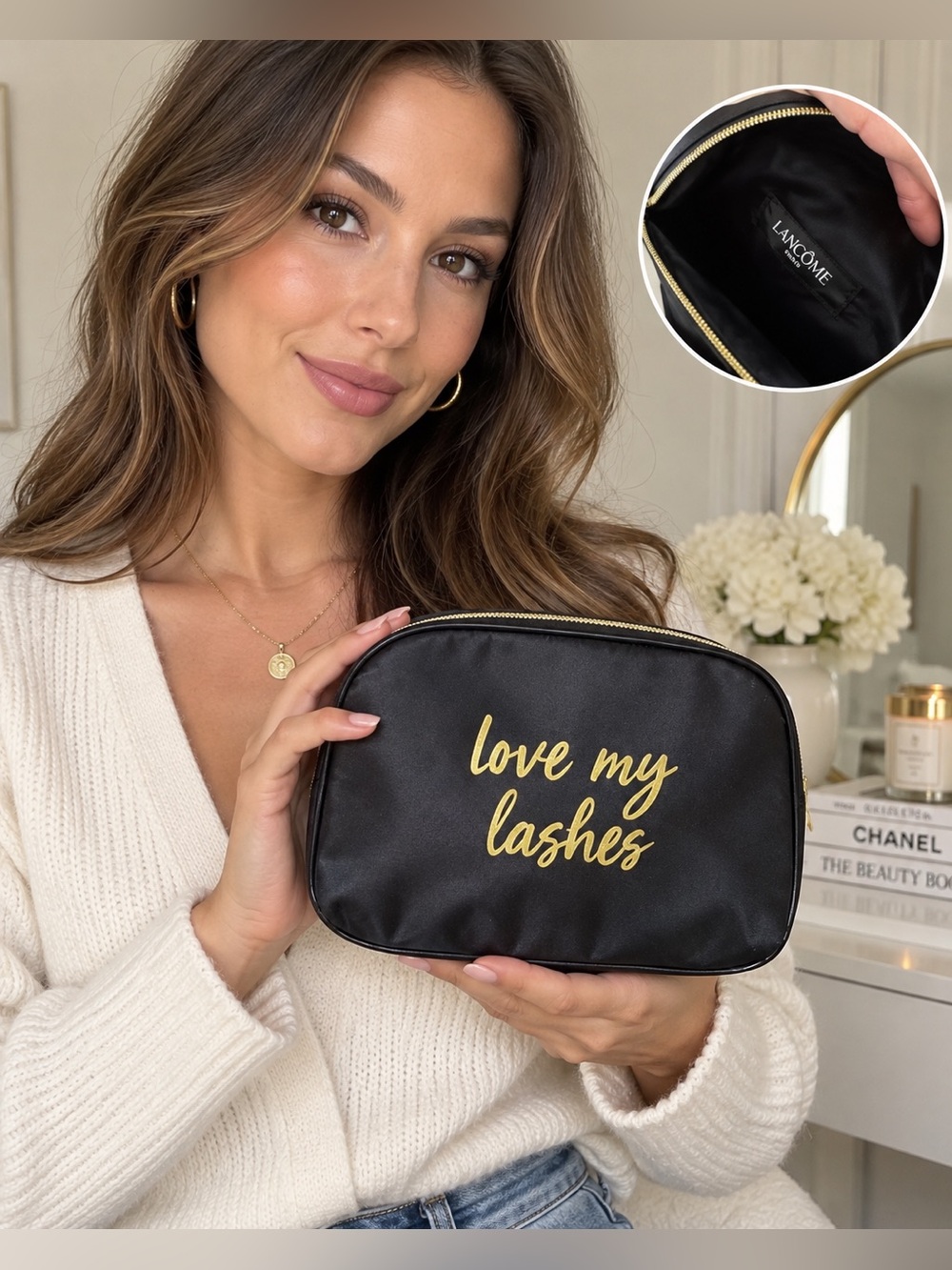 Lancôme Paris Love My Lashes Black Gold Cosmetic Makeup Bag NWOT